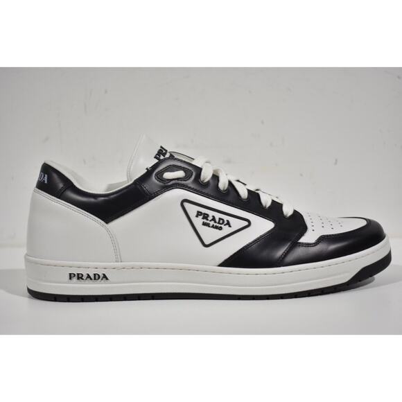 Prada District Leather White Black Triangle Logo Flat Low  Prada District Leather White Black Triangle Logo Flat Low Top Sneaker UK 7 US 8